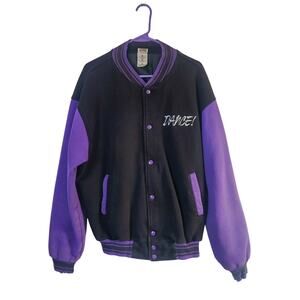 Vintage 90s Varsity Dance Embroidered Cotton Letterman Jacket XL Purple Black